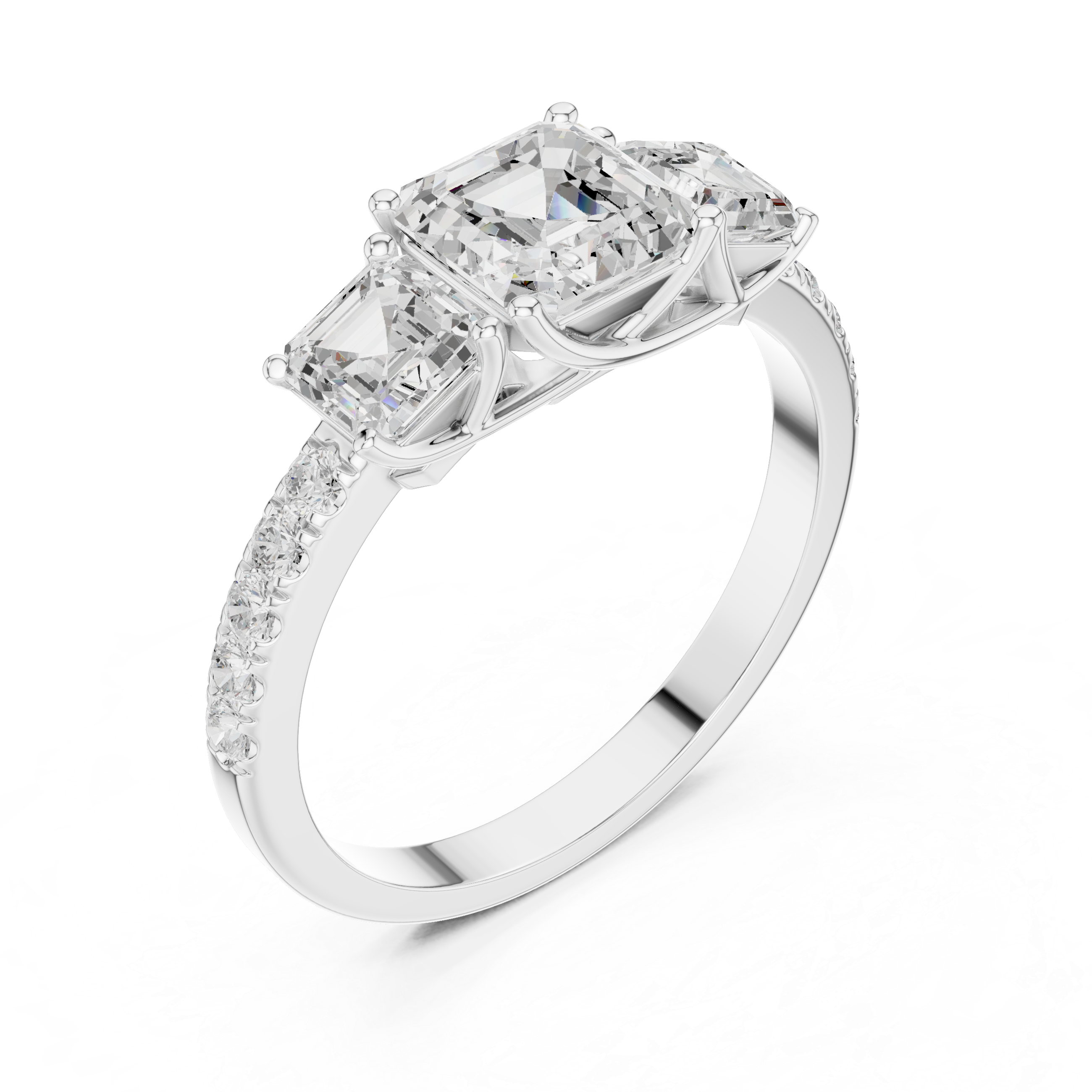 Three Stone Asscher Cut Diamond Engagement Ring with Pavé Band