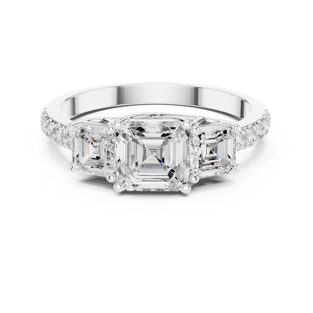 Three Stone Asscher Cut Diamond Engagement Ring with Pavé Band