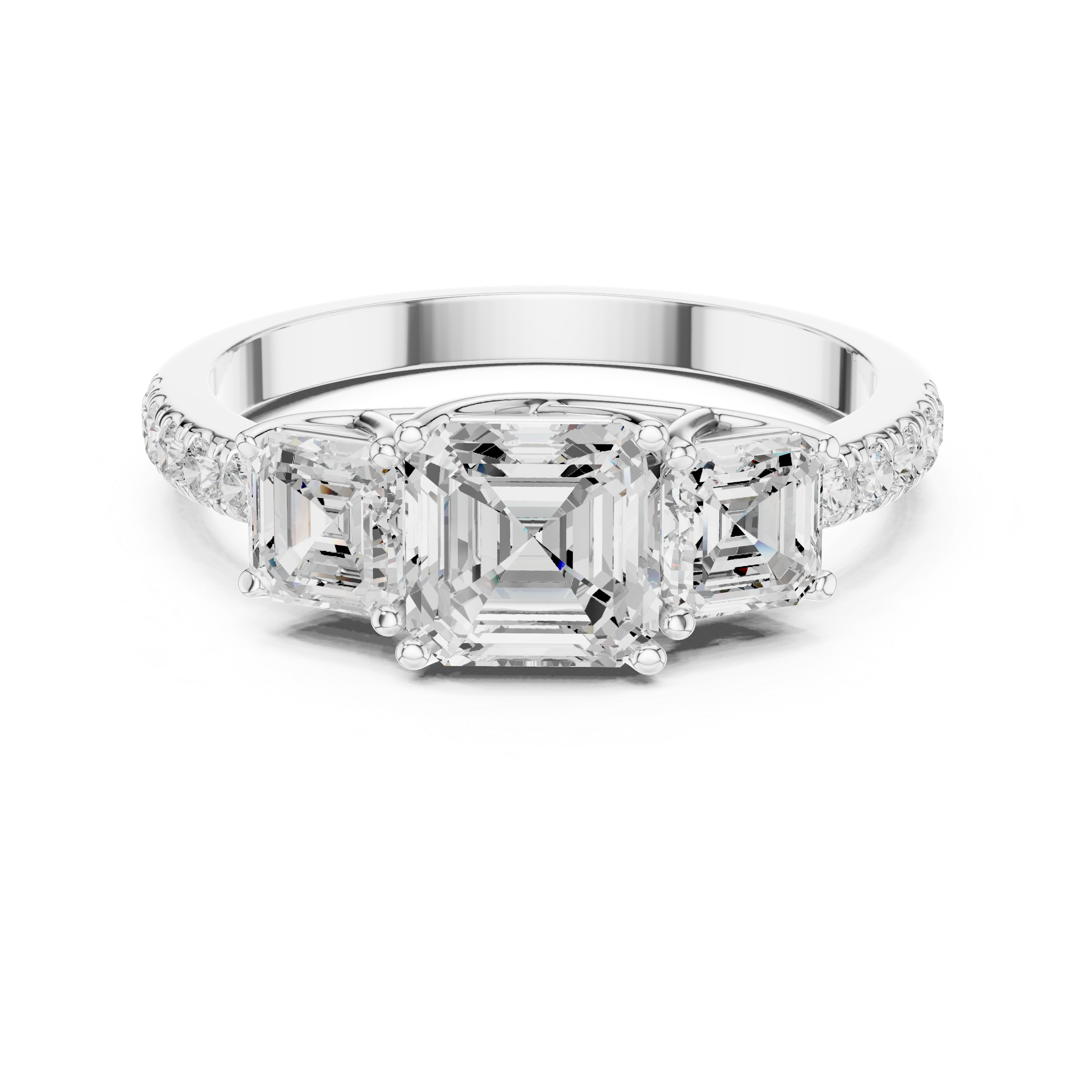 Three Stone Asscher Cut Diamond Engagement Ring with Pavé Band