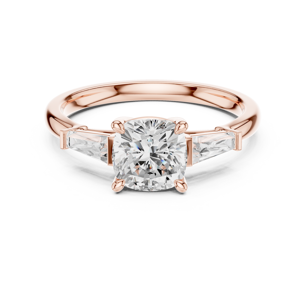 Cushion Cut Three Stone Diamond Engagement Ring with Tapered Baguette Side Stones