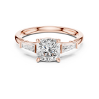 Cushion Cut Three Stone Diamond Engagement Ring with Tapered Baguette Side Stones
