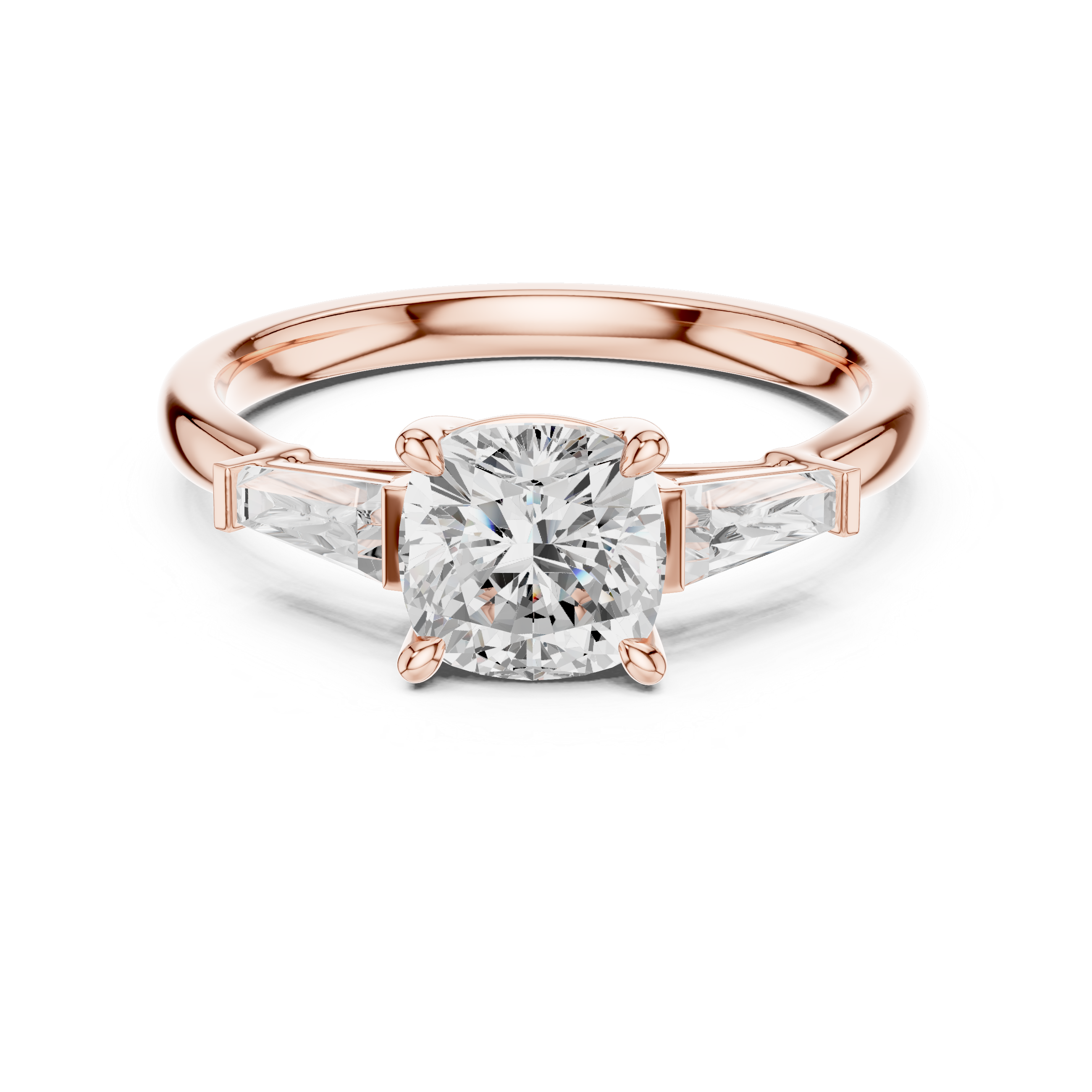 Cushion Cut Three Stone Diamond Engagement Ring with Tapered Baguette Side Stones