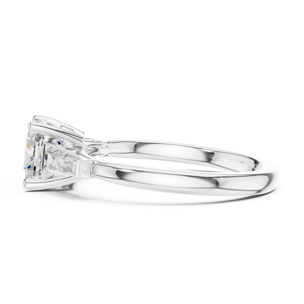 Cushion Cut Three Stone Diamond Engagement Ring with Tapered Baguette Side Stones