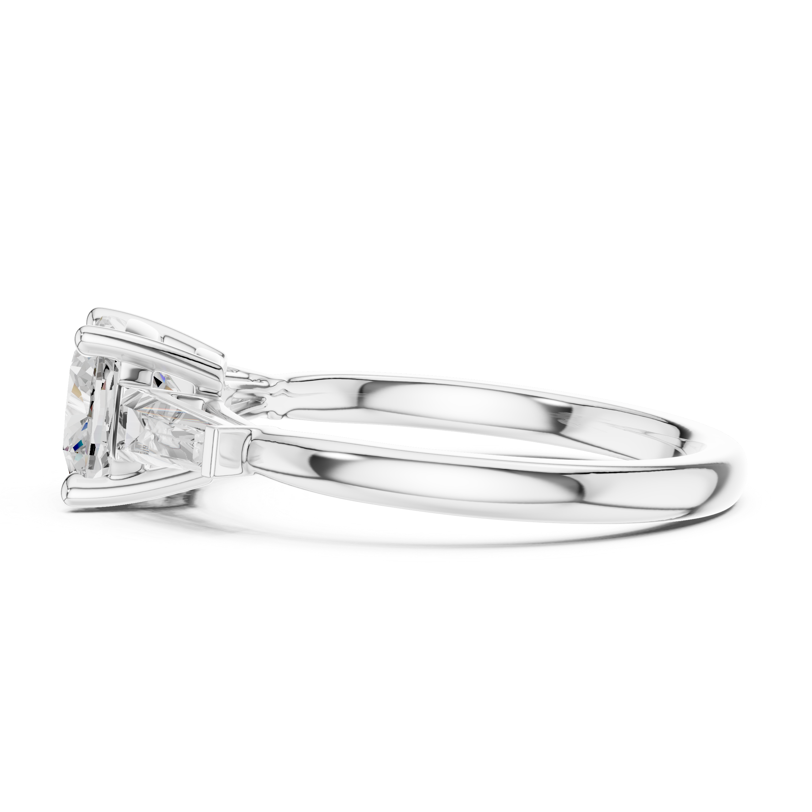 Cushion Cut Three Stone Diamond Engagement Ring with Tapered Baguette Side Stones