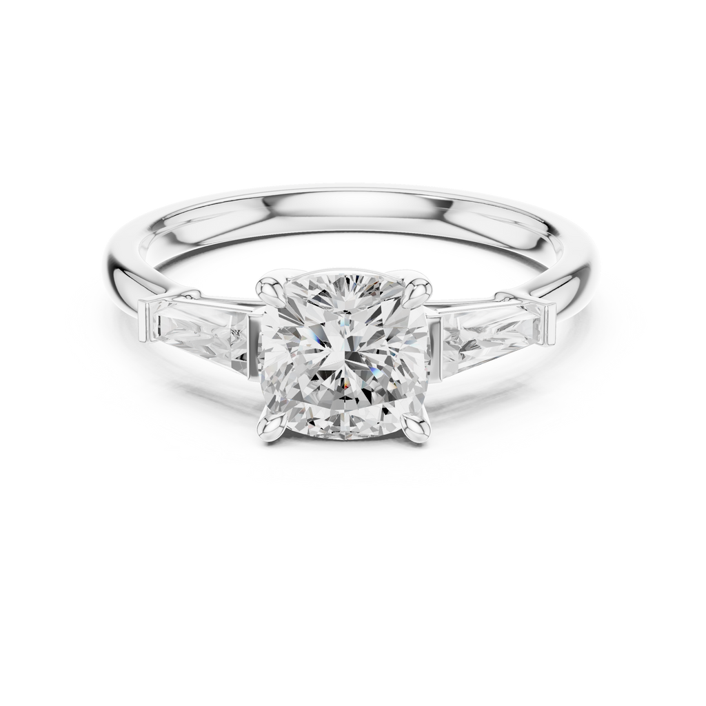 Cushion Cut Three Stone Diamond Engagement Ring with Tapered Baguette Side Stones