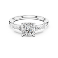 Cushion Cut Three Stone Diamond Engagement Ring with Tapered Baguette Side Stones