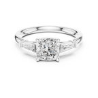 Cushion Cut Three Stone Diamond Engagement Ring with Tapered Baguette Side Stones
