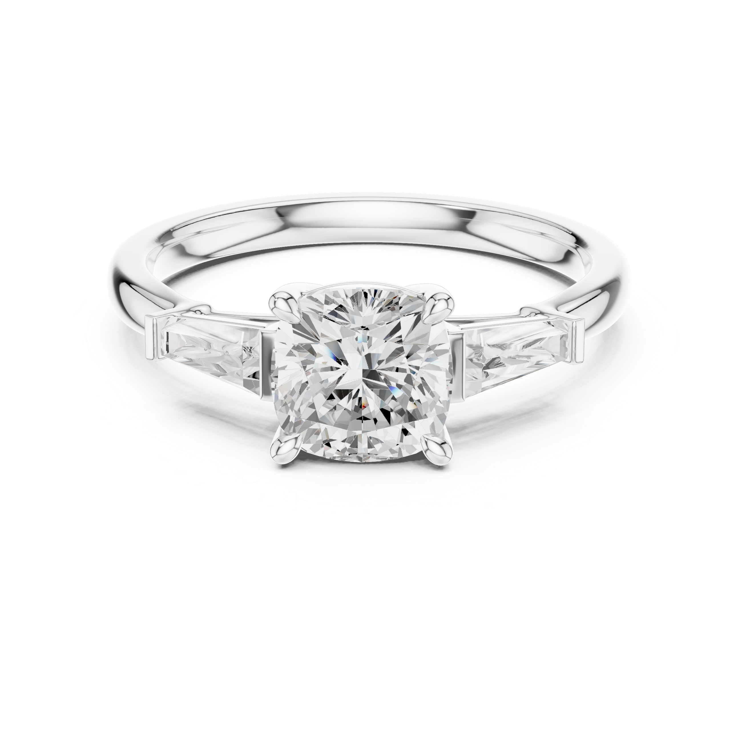 Cushion Cut Three Stone Diamond Engagement Ring with Tapered Baguette Side Stones