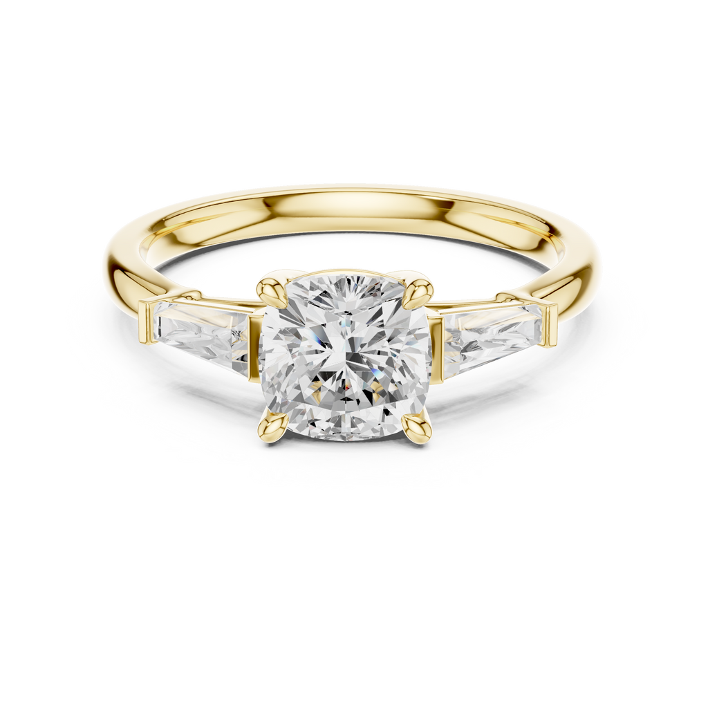 Cushion Cut Three Stone Diamond Engagement Ring with Tapered Baguette Side Stones