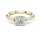 Cushion Cut Three Stone Diamond Engagement Ring with Tapered Baguette Side Stones