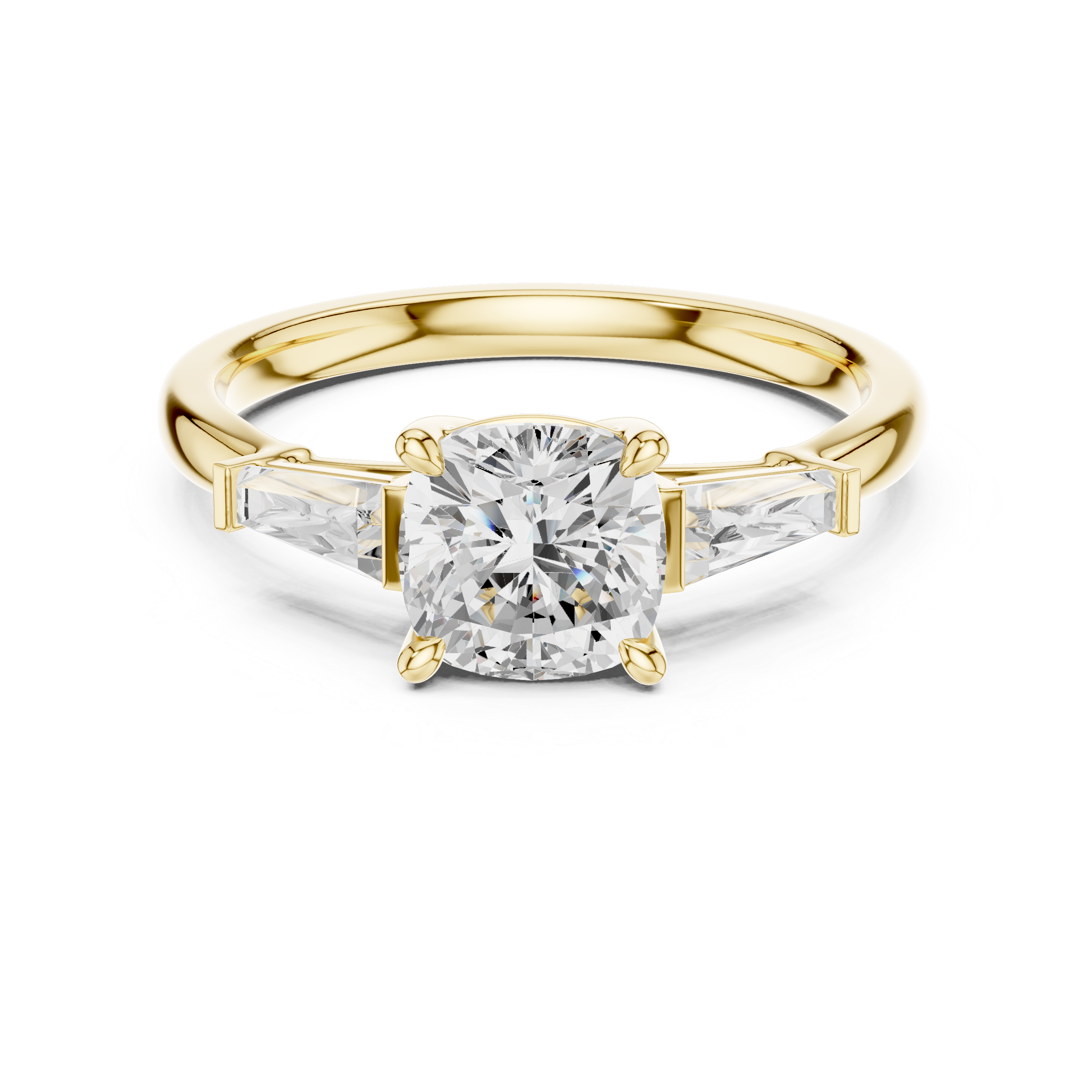 Cushion Cut Three Stone Diamond Engagement Ring with Tapered Baguette Side Stones