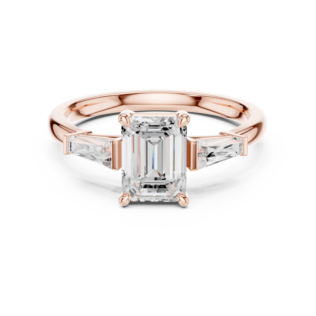 Emerald Cut Three Stone Diamond Engagement Ring with Tapered Baguette Side Stones