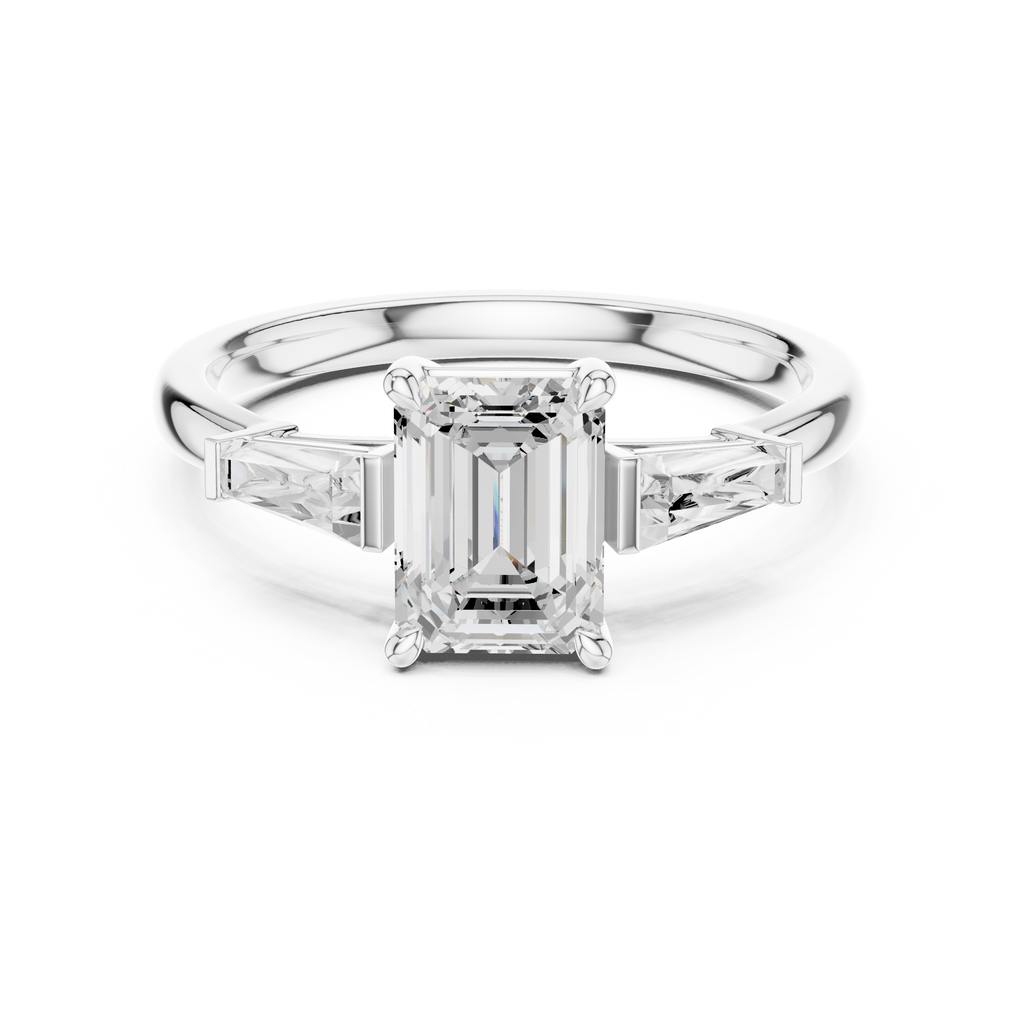 Emerald Cut Three Stone Diamond Engagement Ring with Tapered Baguette Side Stones