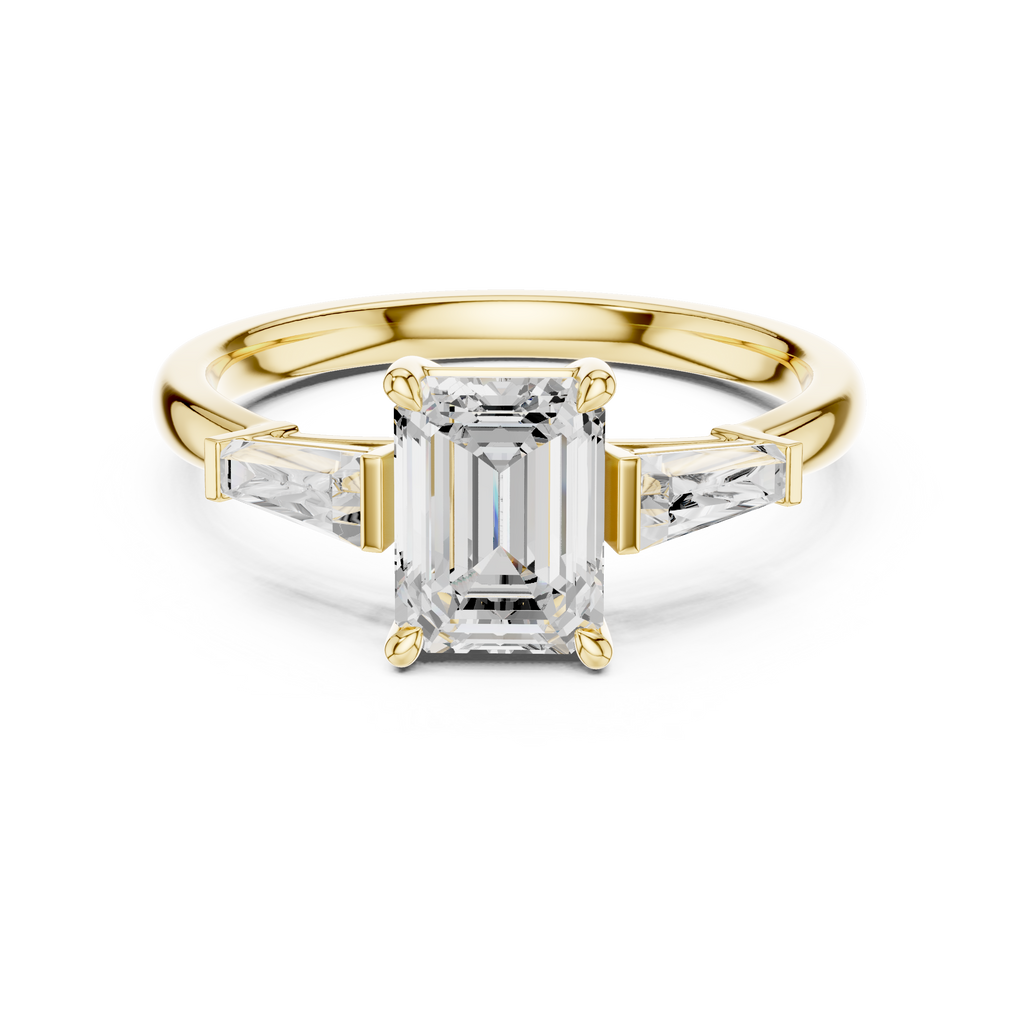 Emerald Cut Three Stone Diamond Engagement Ring with Tapered Baguette Side Stones