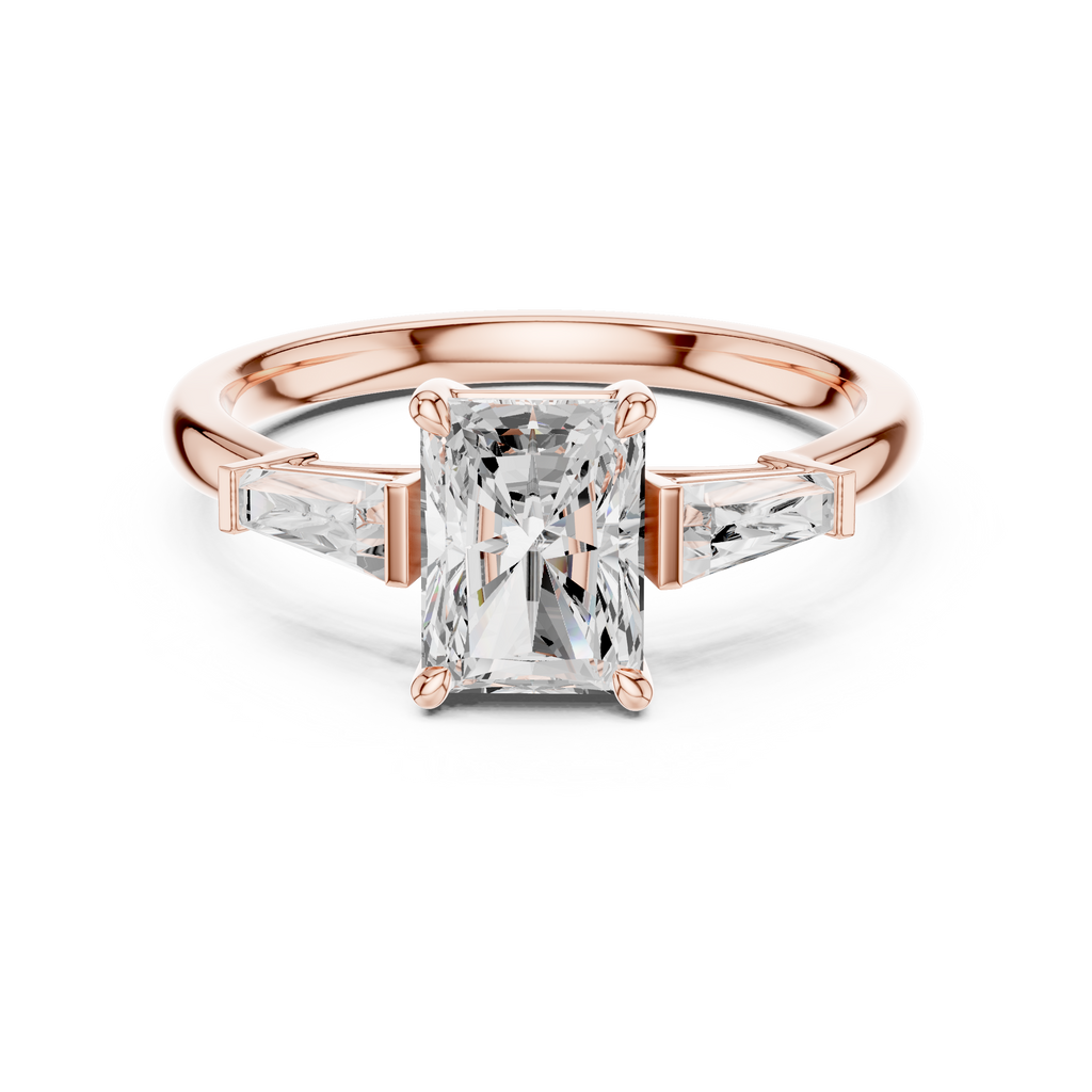 Radiant Cut Three Stone Diamond Engagement Ring with Tapered Baguette Side Stones