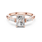 Radiant Cut Three Stone Diamond Engagement Ring with Tapered Baguette Side Stones