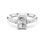 Radiant Cut Three Stone Diamond Engagement Ring with Tapered Baguette Side Stones