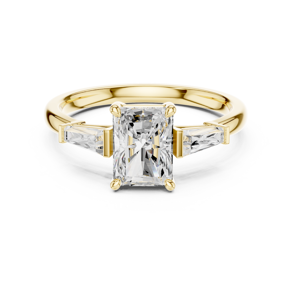 Radiant Cut Three Stone Diamond Engagement Ring with Tapered Baguette Side Stones