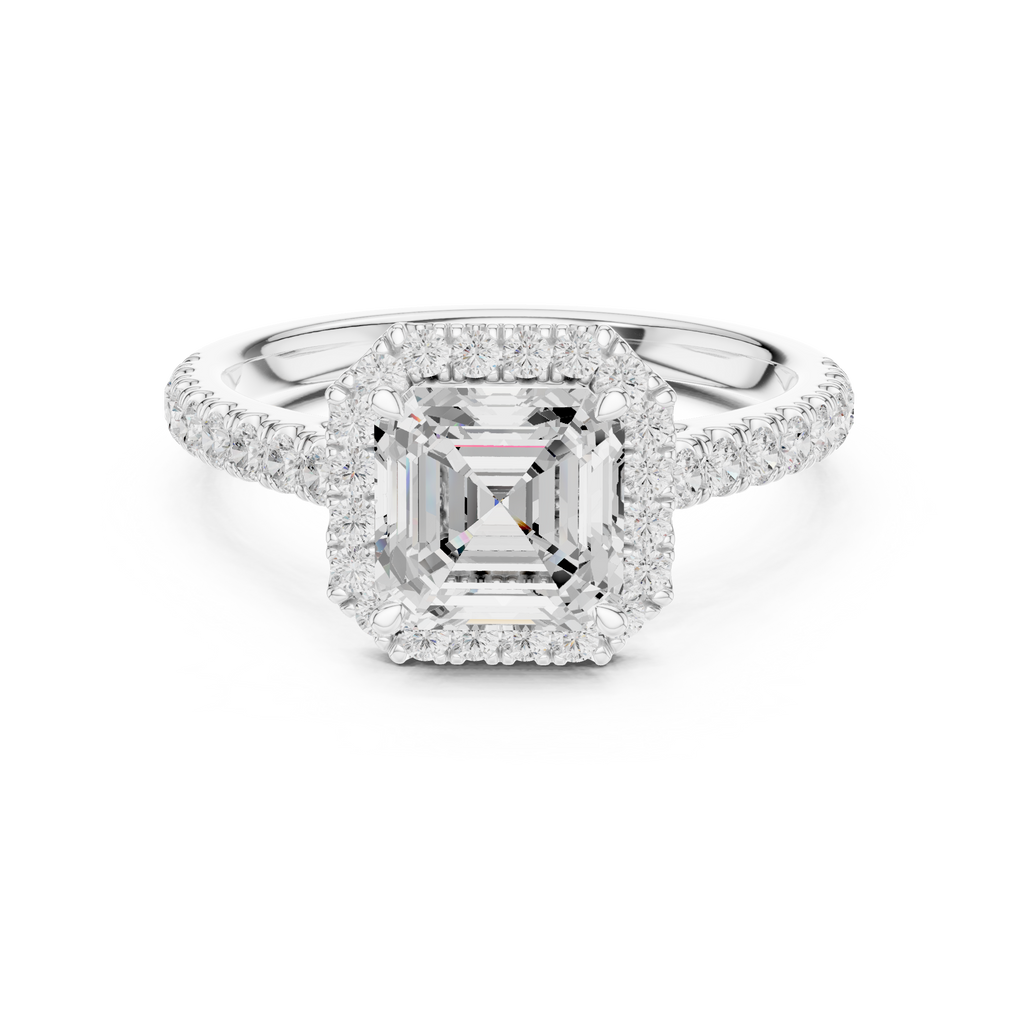 Asscher Cut Halo Diamond Engagement Ring with Pavé Band