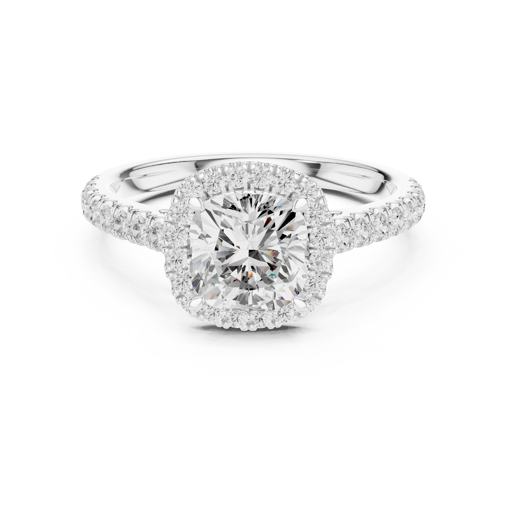 Cushion Cut Halo Diamond Engagement Ring with Pavé Shank