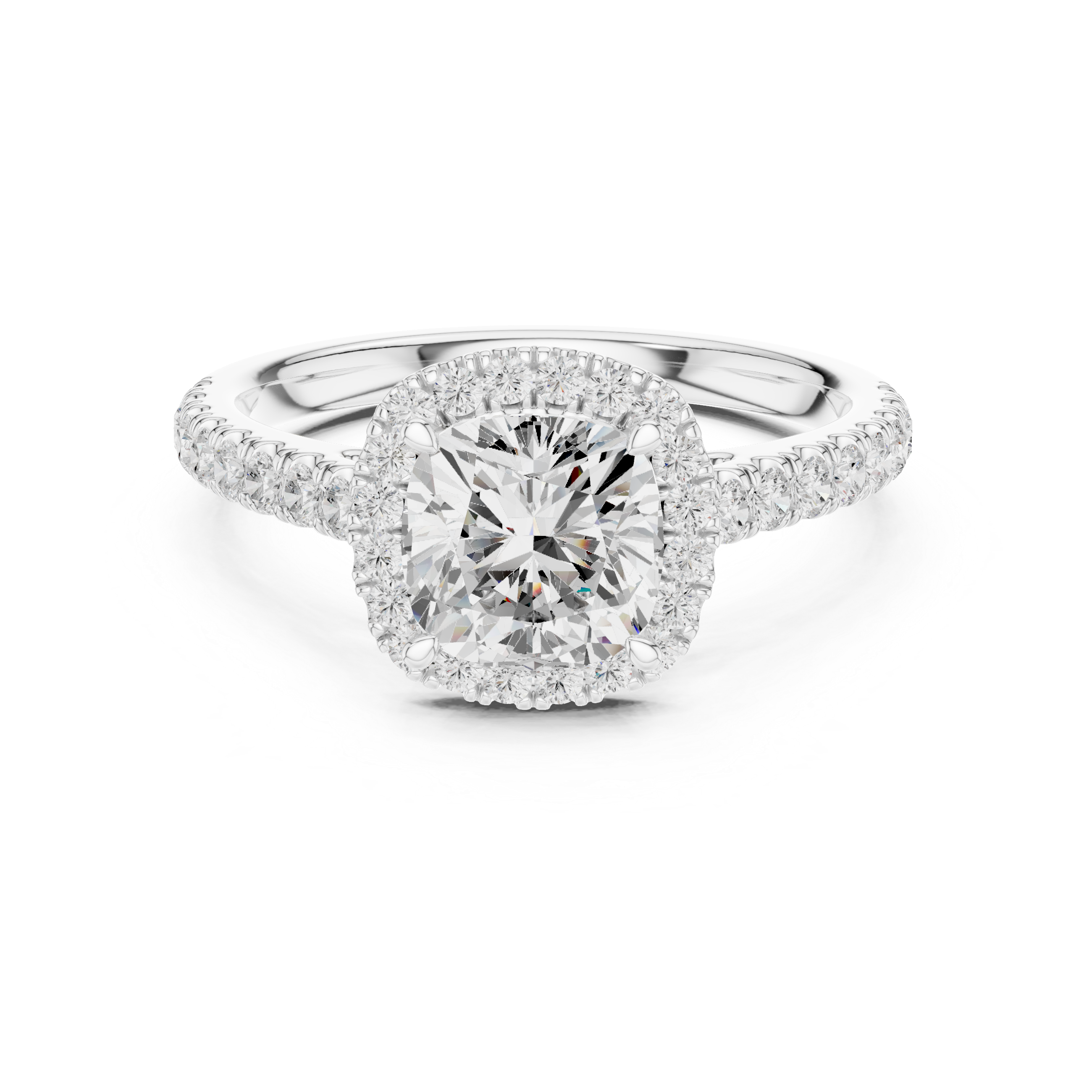Cushion Cut Halo Diamond Engagement Ring with Pavé Shank