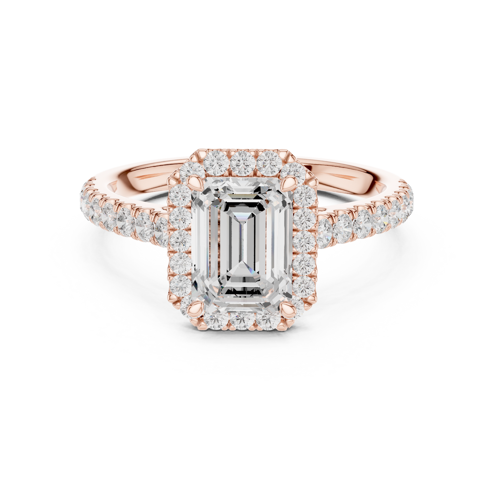 Emerald Cut Halo Diamond Engagement Ring with Pavé Band