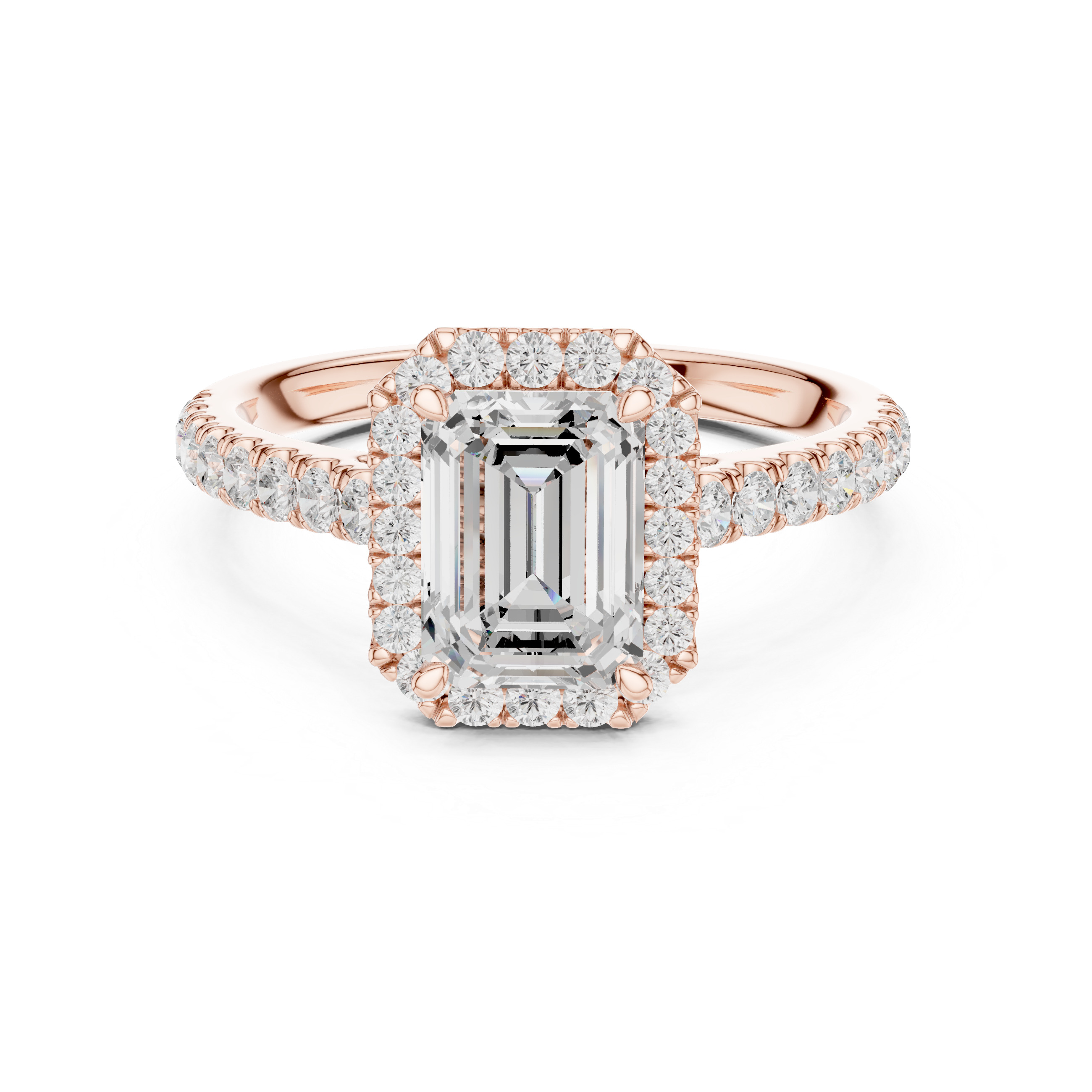 Emerald Cut Halo Diamond Engagement Ring with Pavé Band