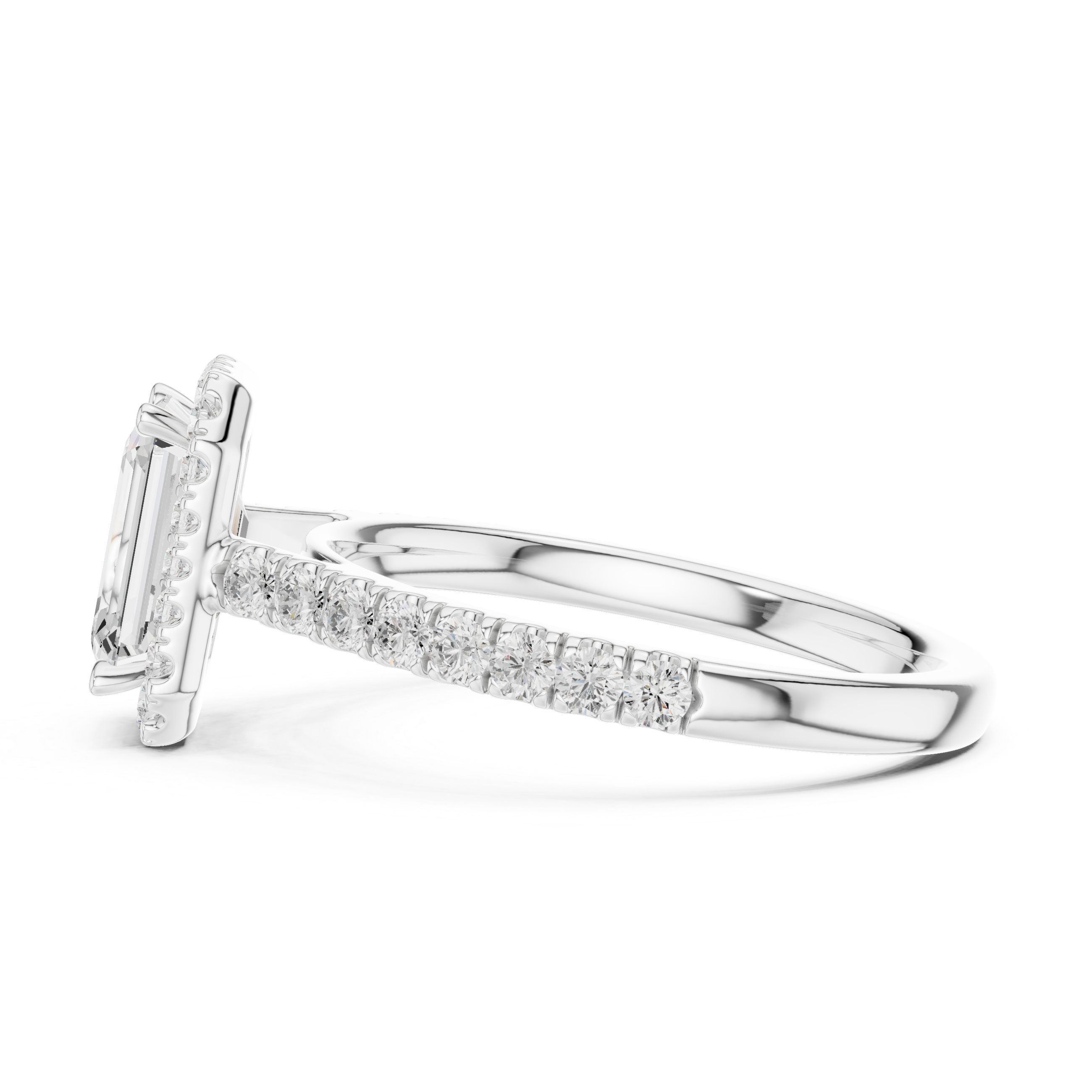 Emerald Cut Halo Diamond Engagement Ring with Pavé Band