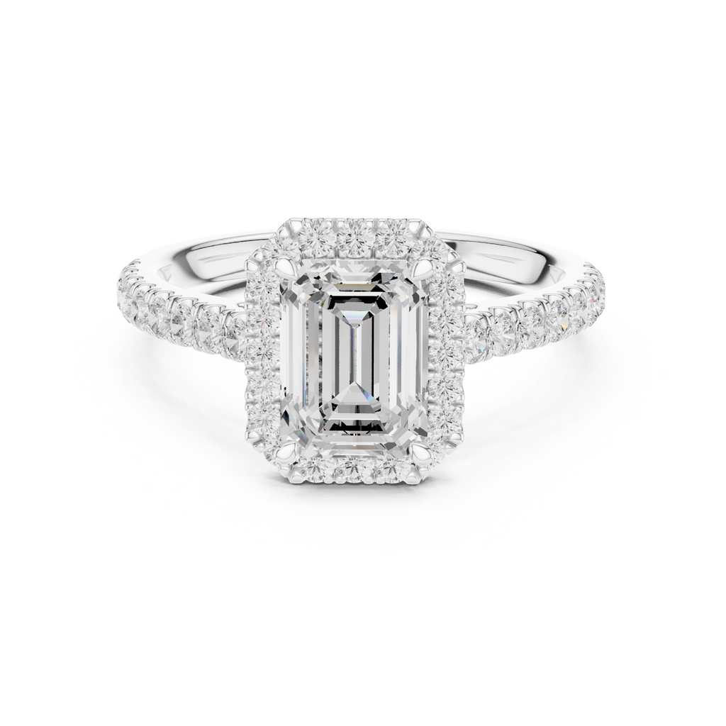 Emerald Cut Halo Diamond Engagement Ring with Pavé Band