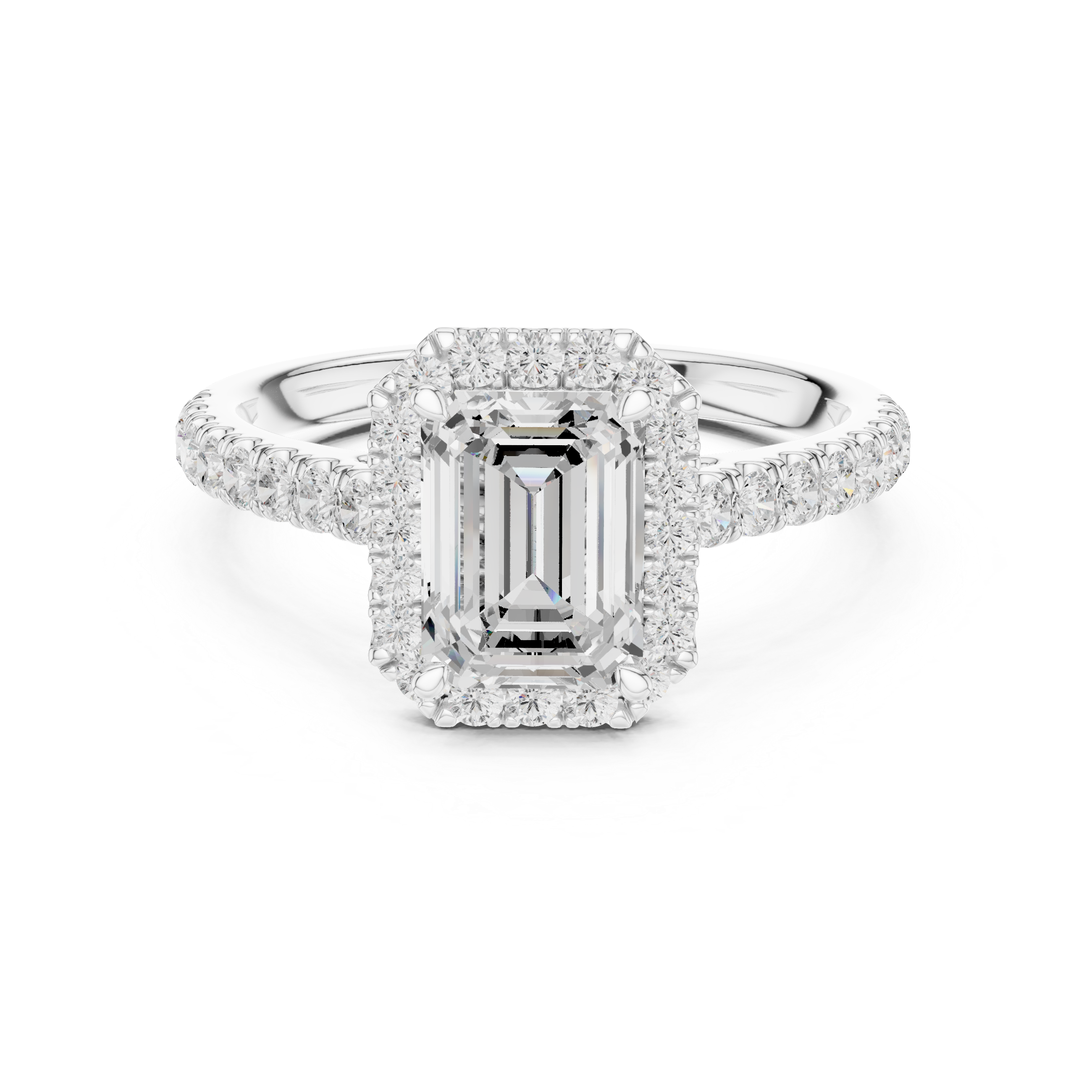 Emerald Cut Halo Diamond Engagement Ring with Pavé Band