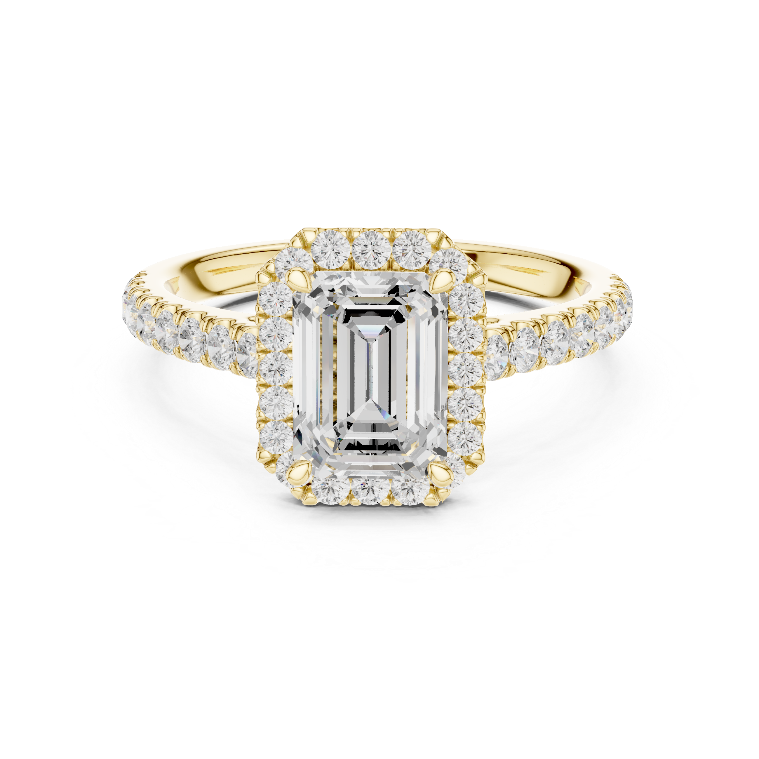 Emerald Cut Halo Diamond Engagement Ring with Pavé Band
