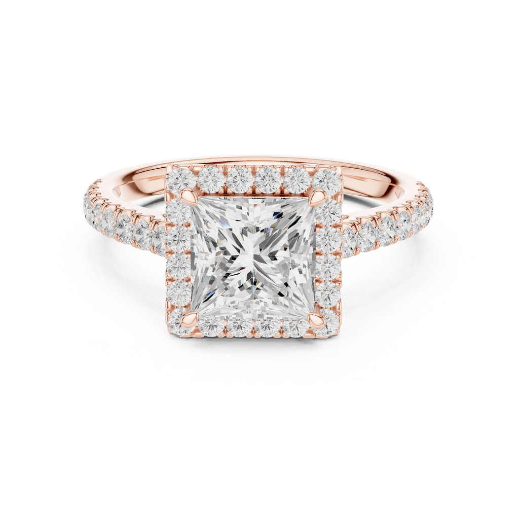 Princess Cut Halo Diamond Engagement Ring with Pavé Diamond Band