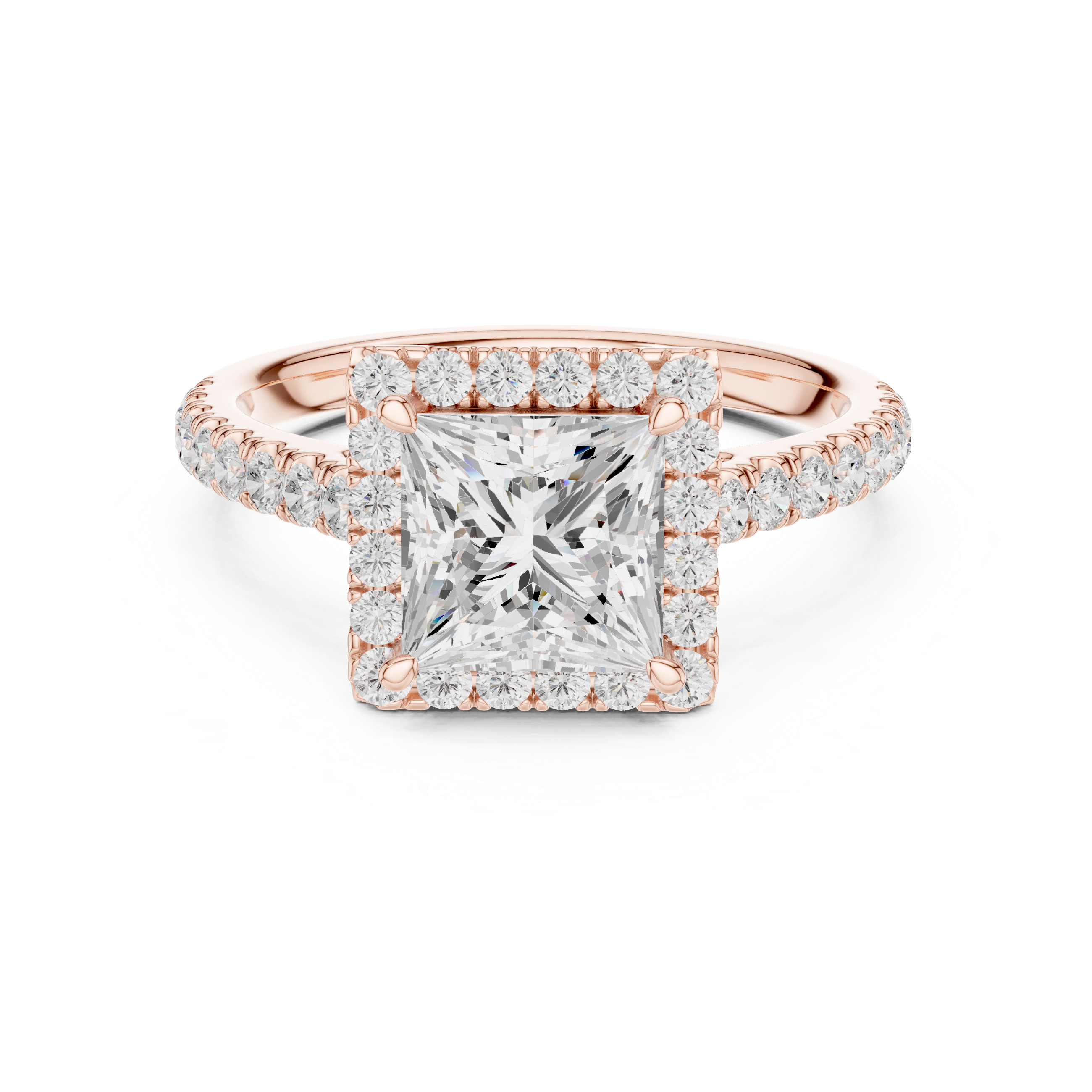 Princess Cut Halo Diamond Engagement Ring with Pavé Diamond Band