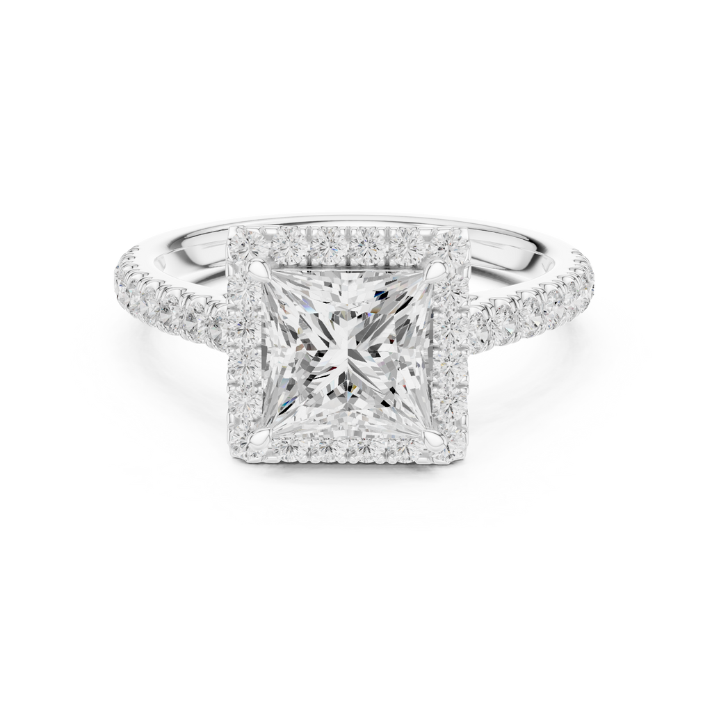 Princess Cut Halo Diamond Engagement Ring with Pavé Diamond Band