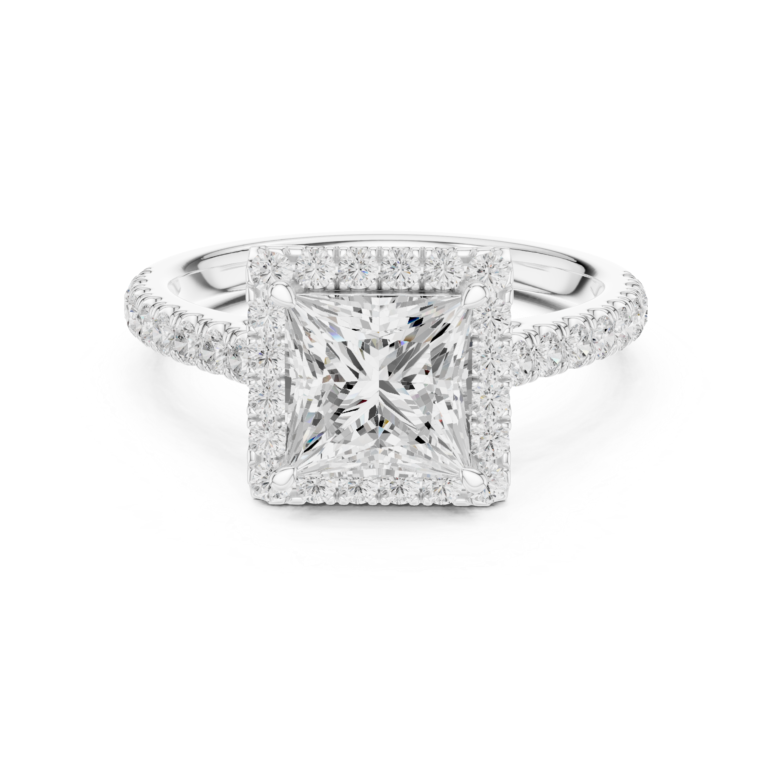 Princess Cut Halo Diamond Engagement Ring with Pavé Diamond Band