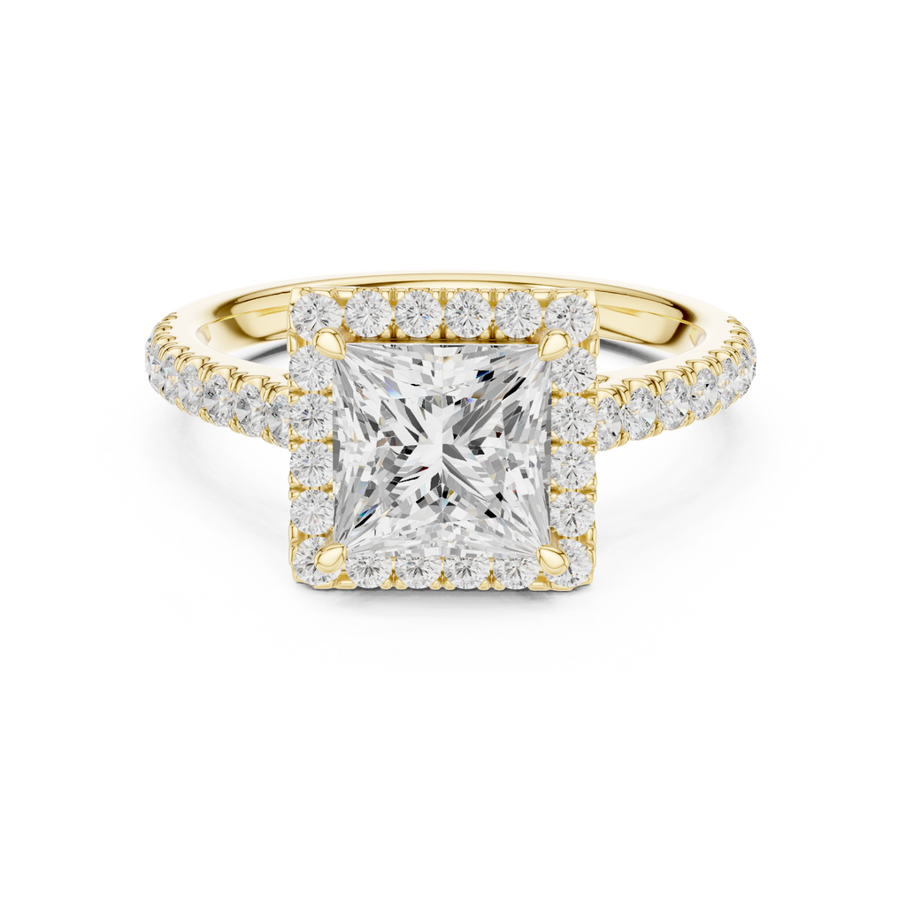 Princess Cut Halo Diamond Engagement Ring with Pavé Diamond Band