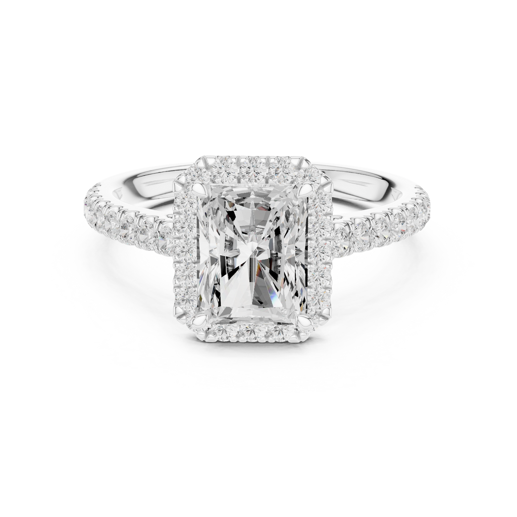 Radiant Cut Halo Diamond Engagement Ring with Pavé Diamond Band