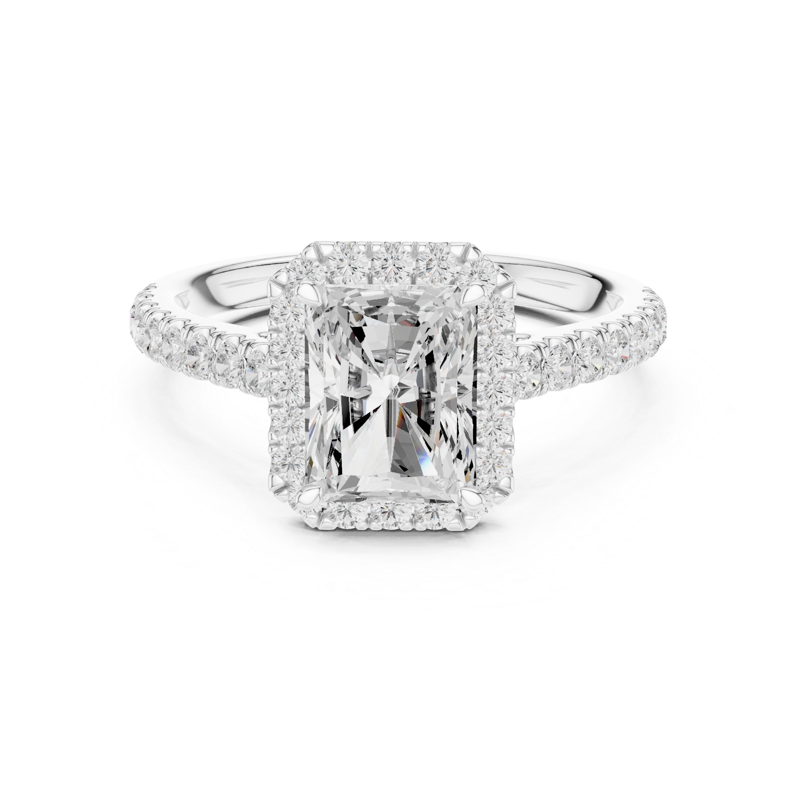 Radiant Cut Halo Diamond Engagement Ring with Pavé Diamond Band