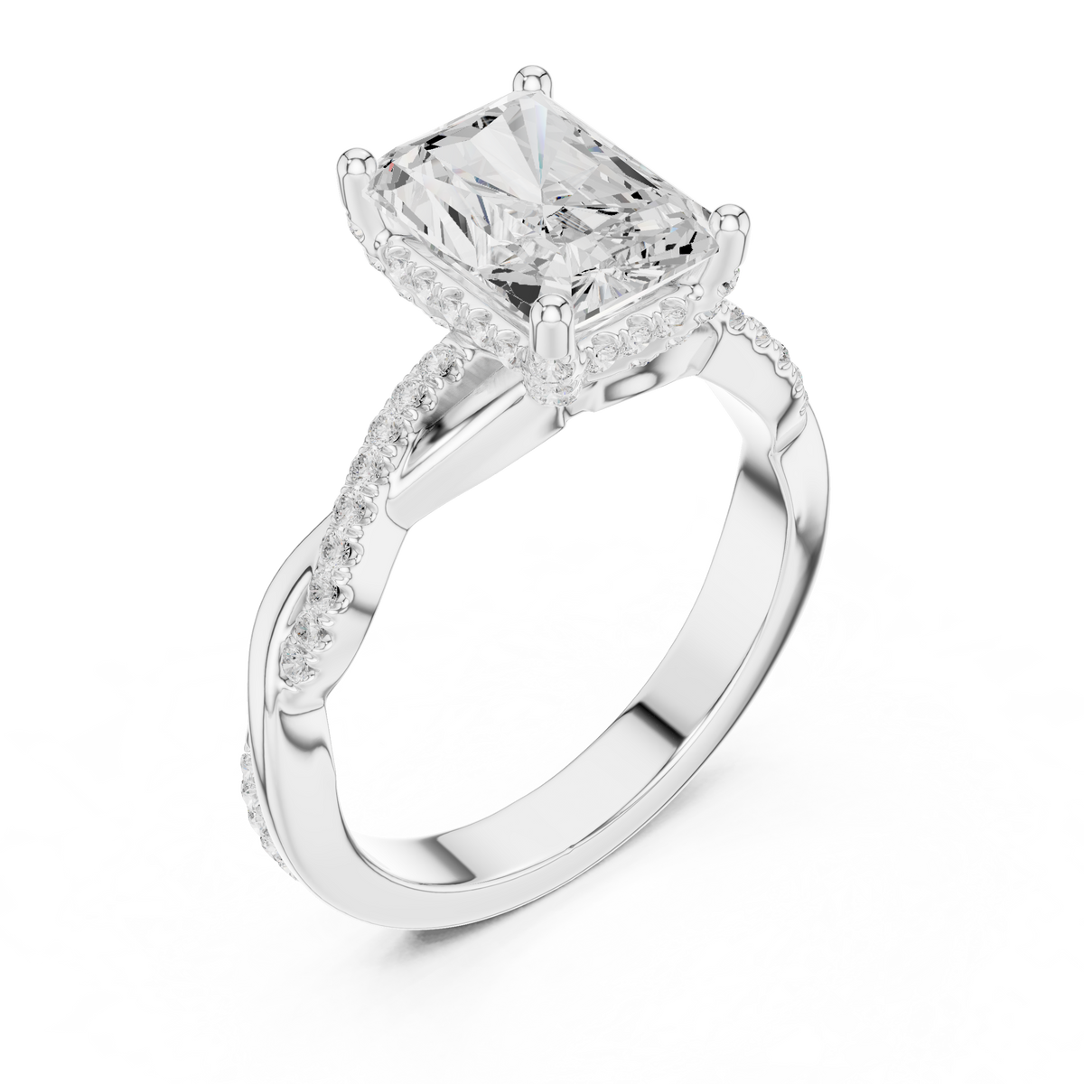 Radiant Cut Twisted Pave Diamond Engagement Ring, detail view — Jewelix Atelier