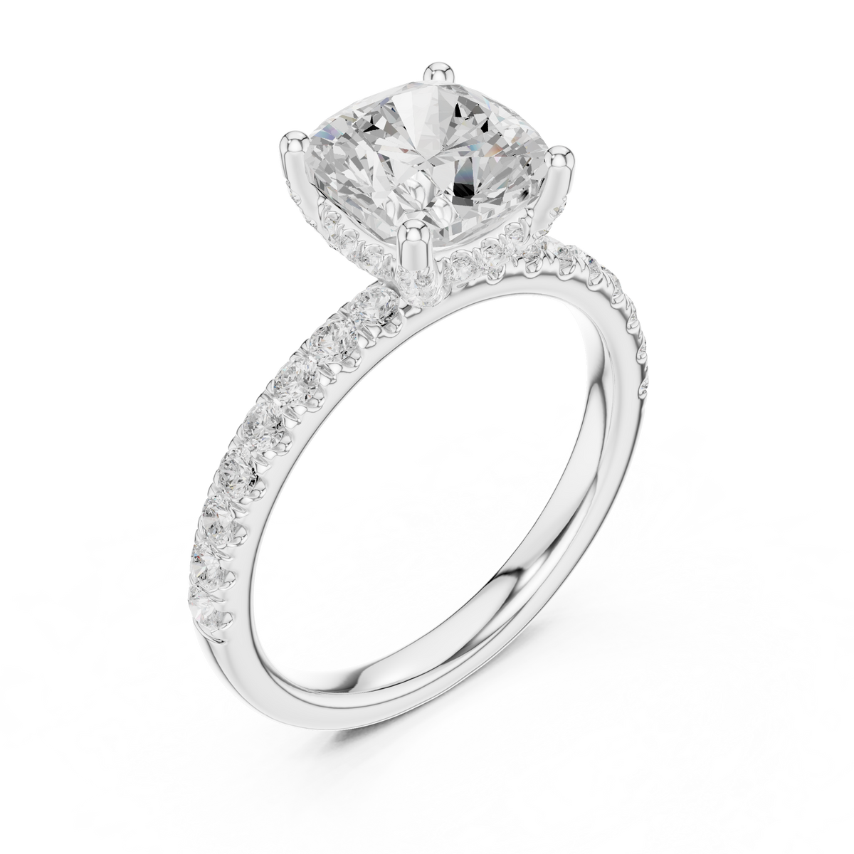 Cushion Cut Pavé Engagement Ring with Hidden Halo – view 2 of 12, lab grown diamond ring | Jewelix Atelier