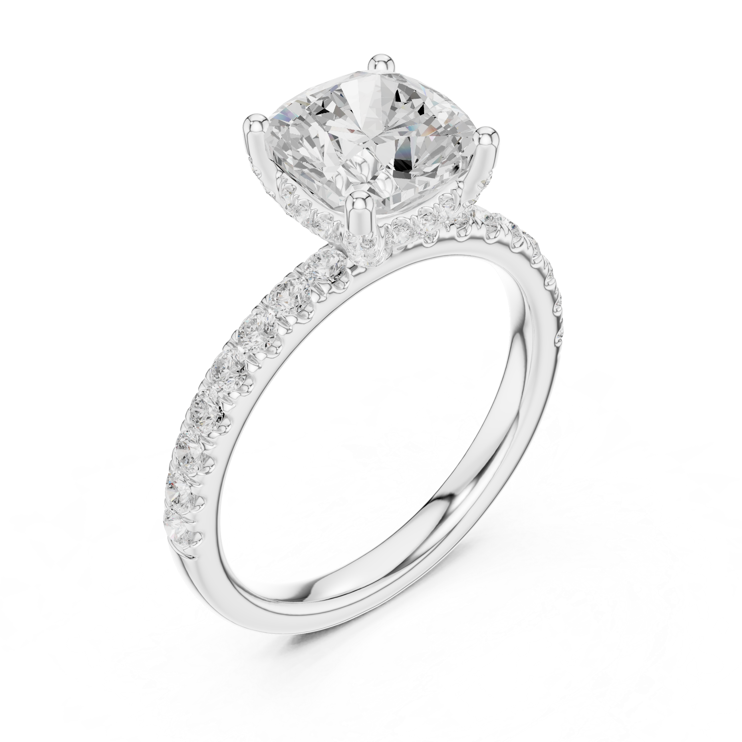Cushion Cut Pavé Engagement Ring with Hidden Halo