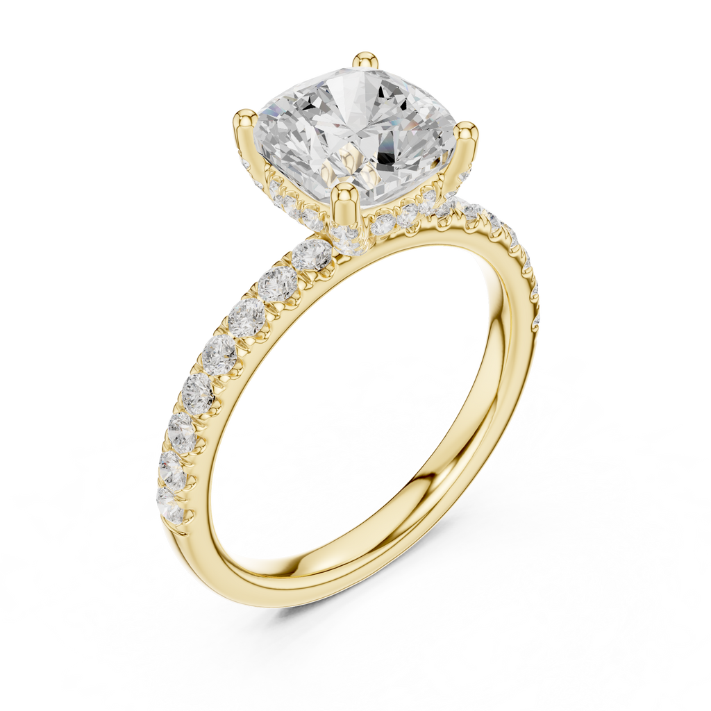 Cushion Cut Pavé Engagement Ring with Hidden Halo