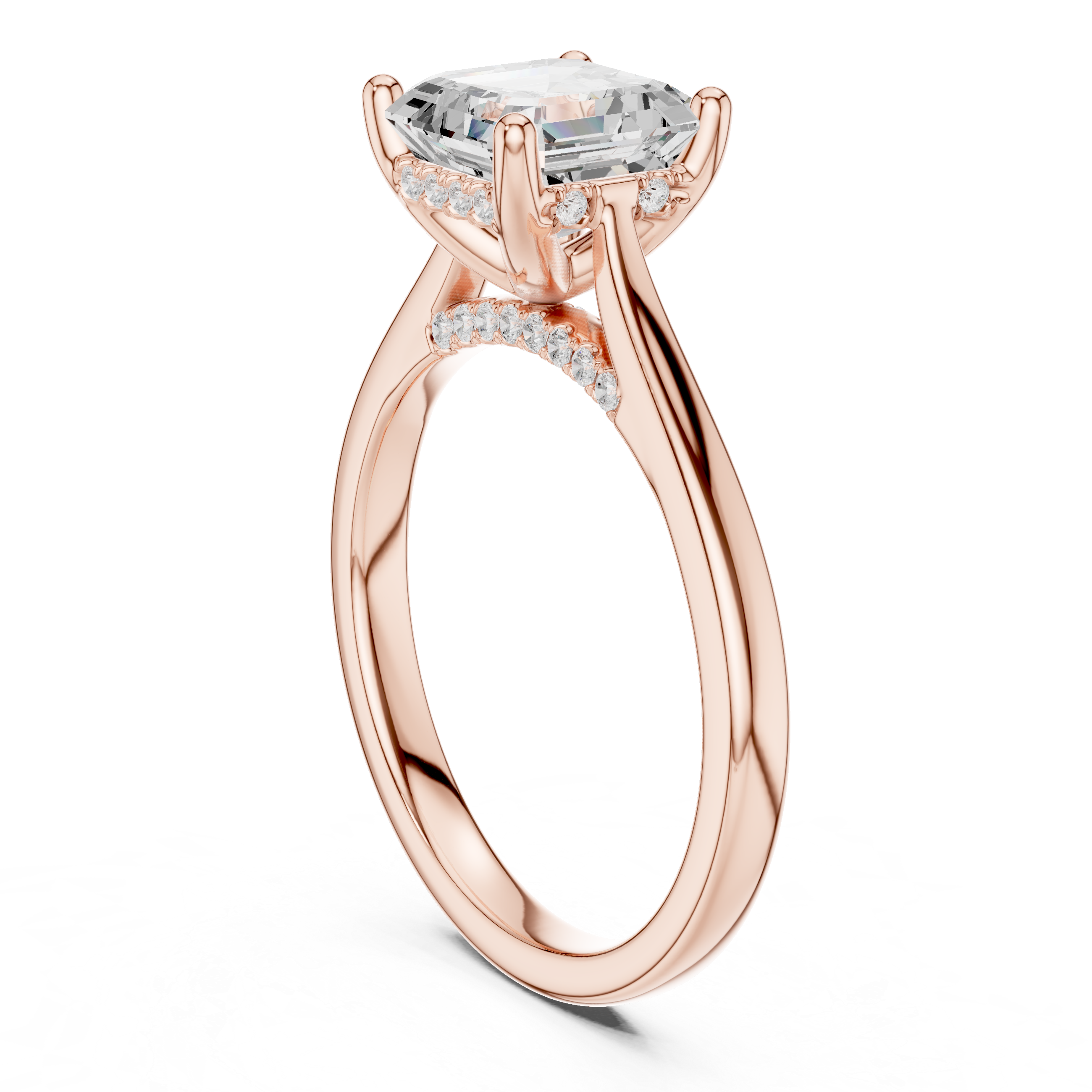 Asscher Cut Hidden Halo Diamond Engagement Ring with Pavé Bridge