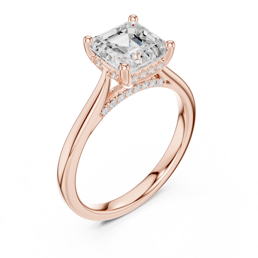 Asscher Cut Hidden Halo Diamond Engagement Ring with Pavé Bridge