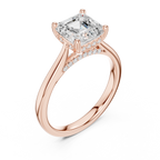 Asscher Cut Hidden Halo Diamond Engagement Ring with Pavé Bridge