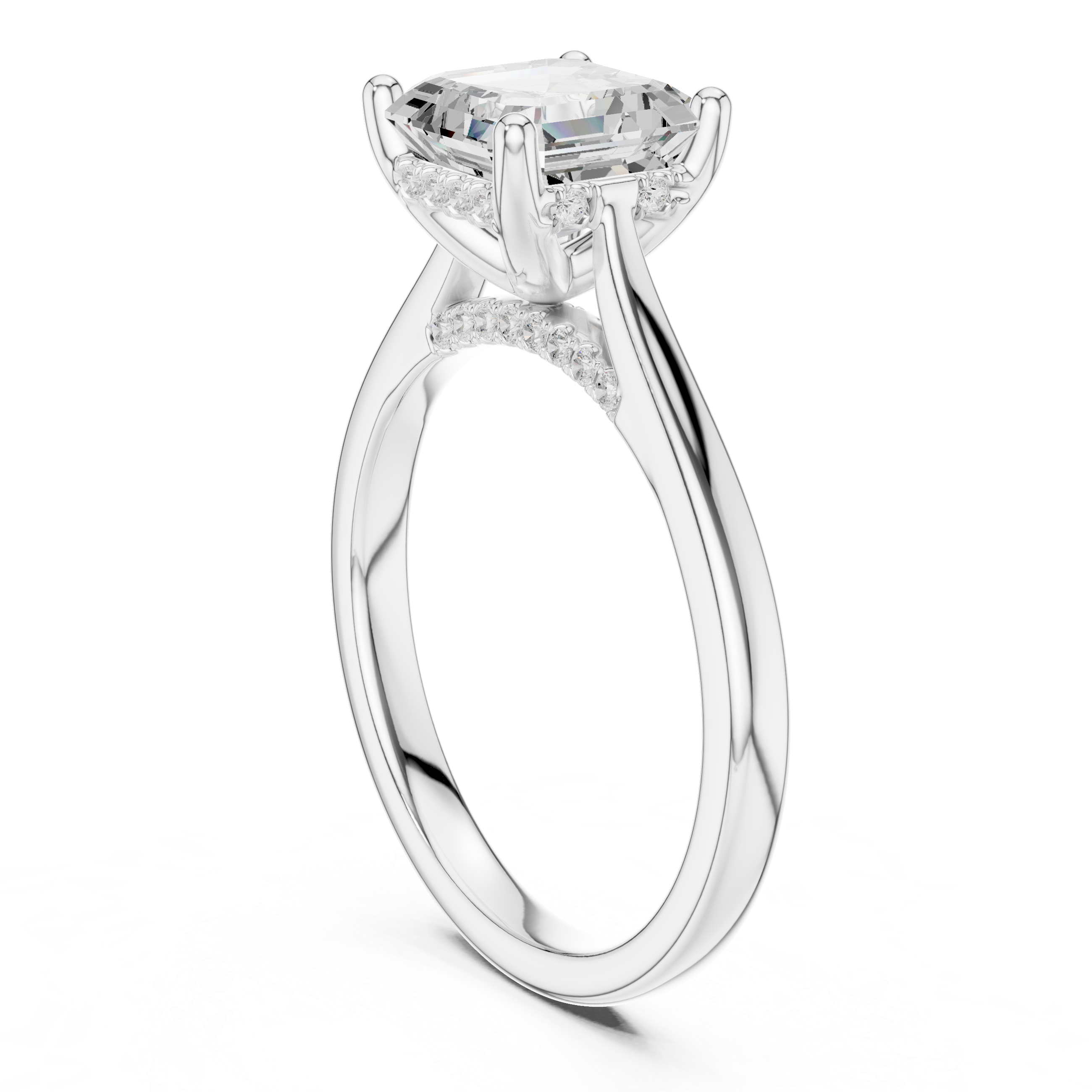 Asscher Cut Hidden Halo Diamond Engagement Ring with Pavé Bridge