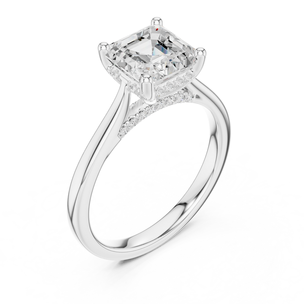 Asscher Cut Hidden Halo Diamond Engagement Ring with Pavé Bridge