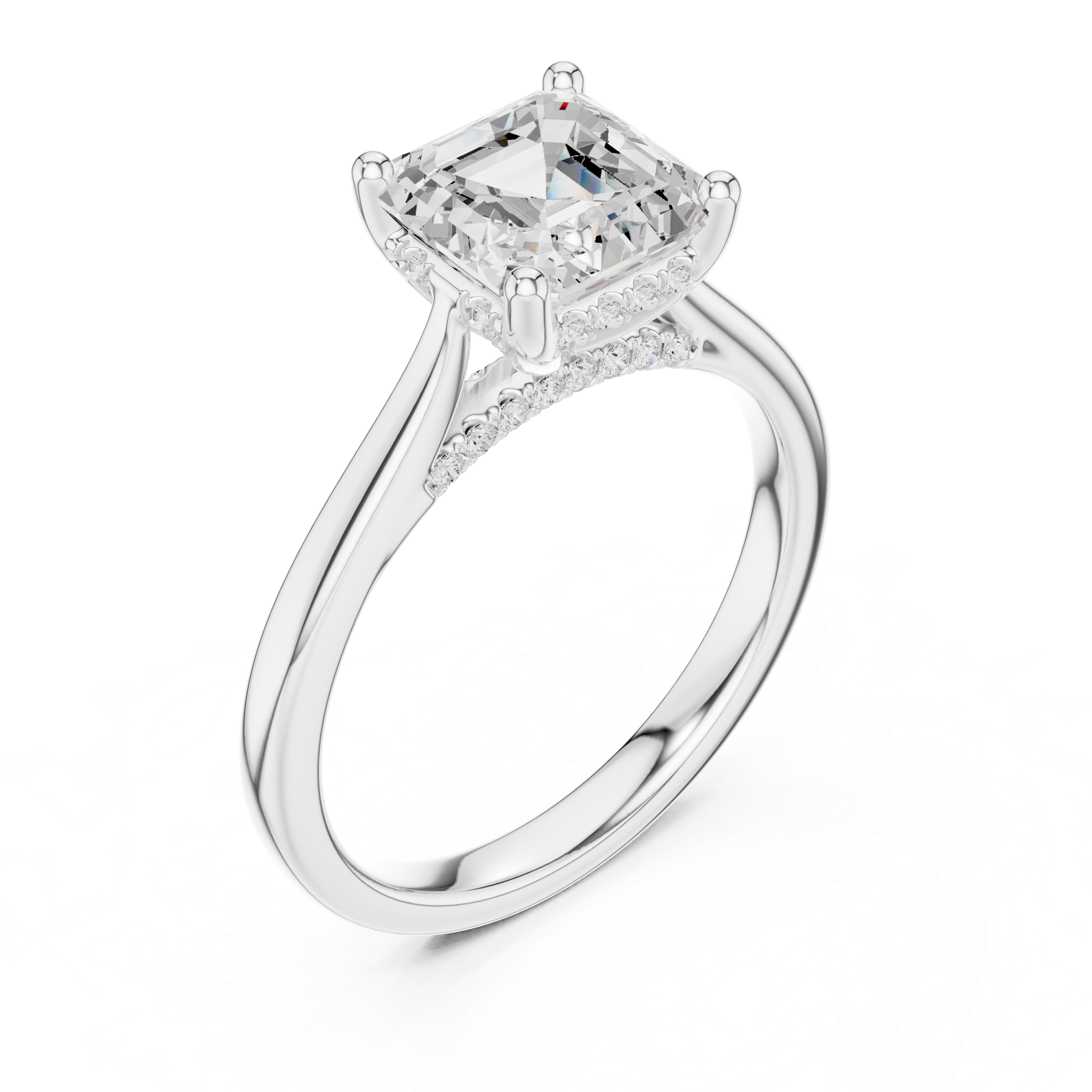Asscher Cut Hidden Halo Diamond Engagement Ring with Pavé Bridge