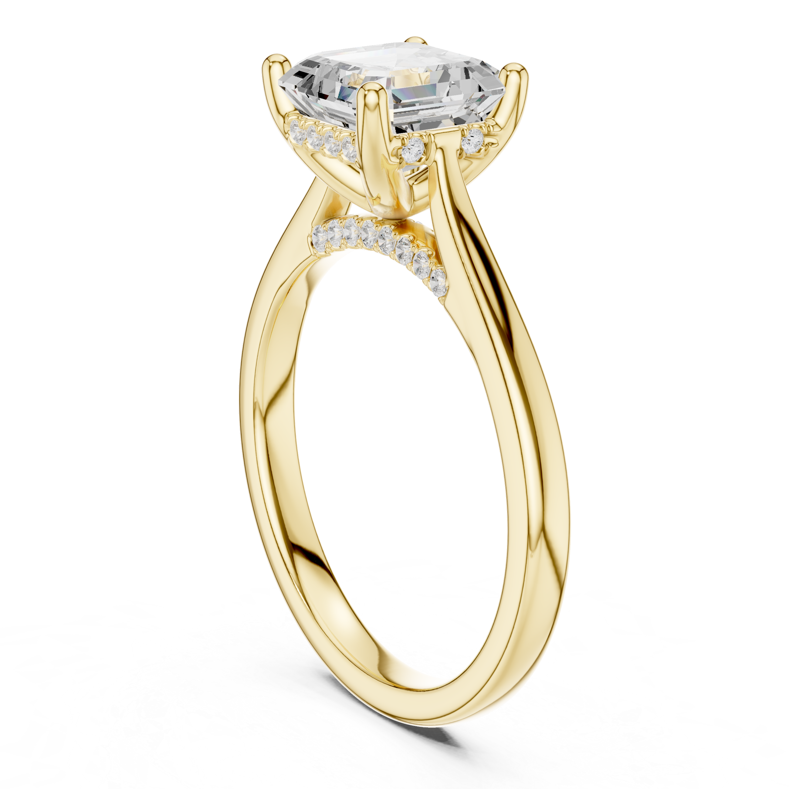 Asscher Cut Hidden Halo Diamond Engagement Ring with Pavé Bridge