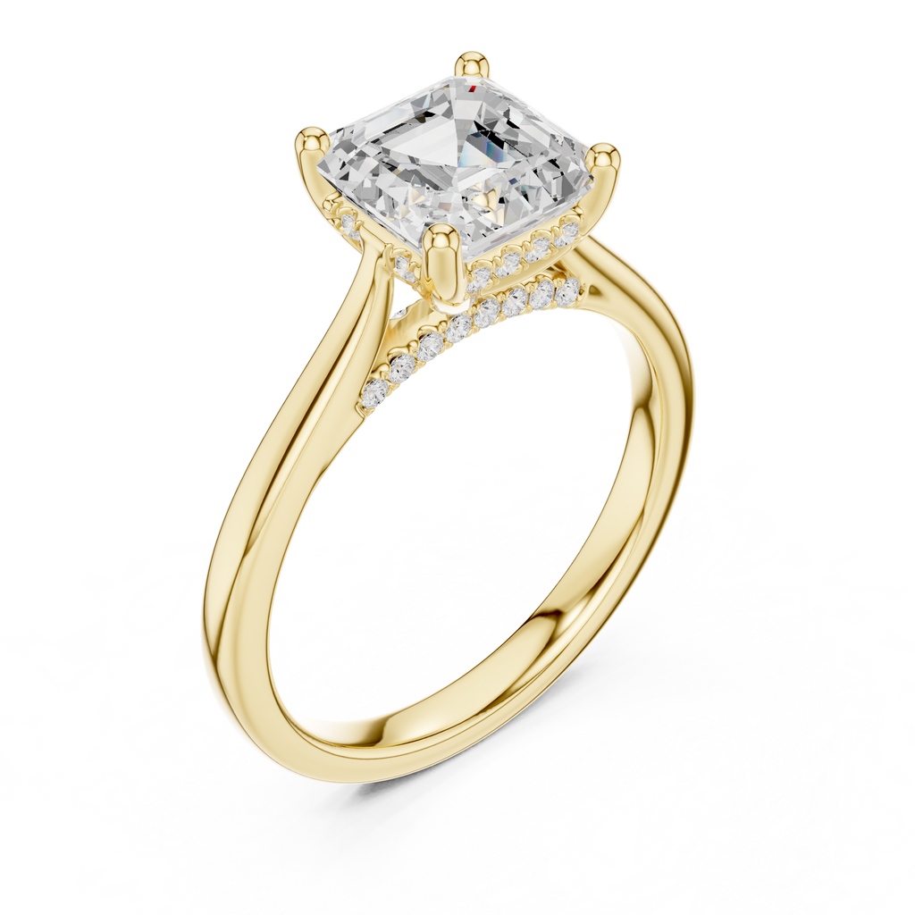 Asscher Cut Hidden Halo Diamond Engagement Ring with Pavé Bridge